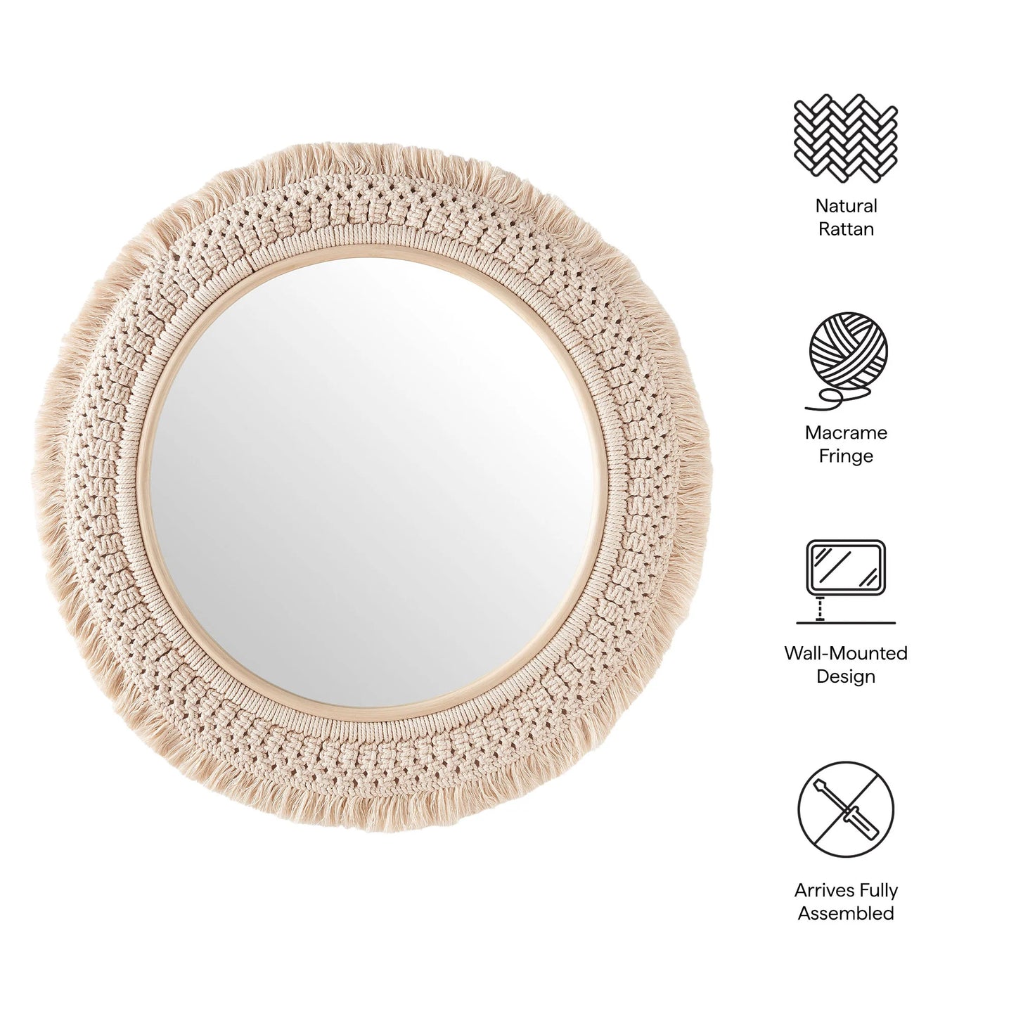 Jade Round Rattan Macrame Wall Mirror in Natural FREE SHIPPING.
