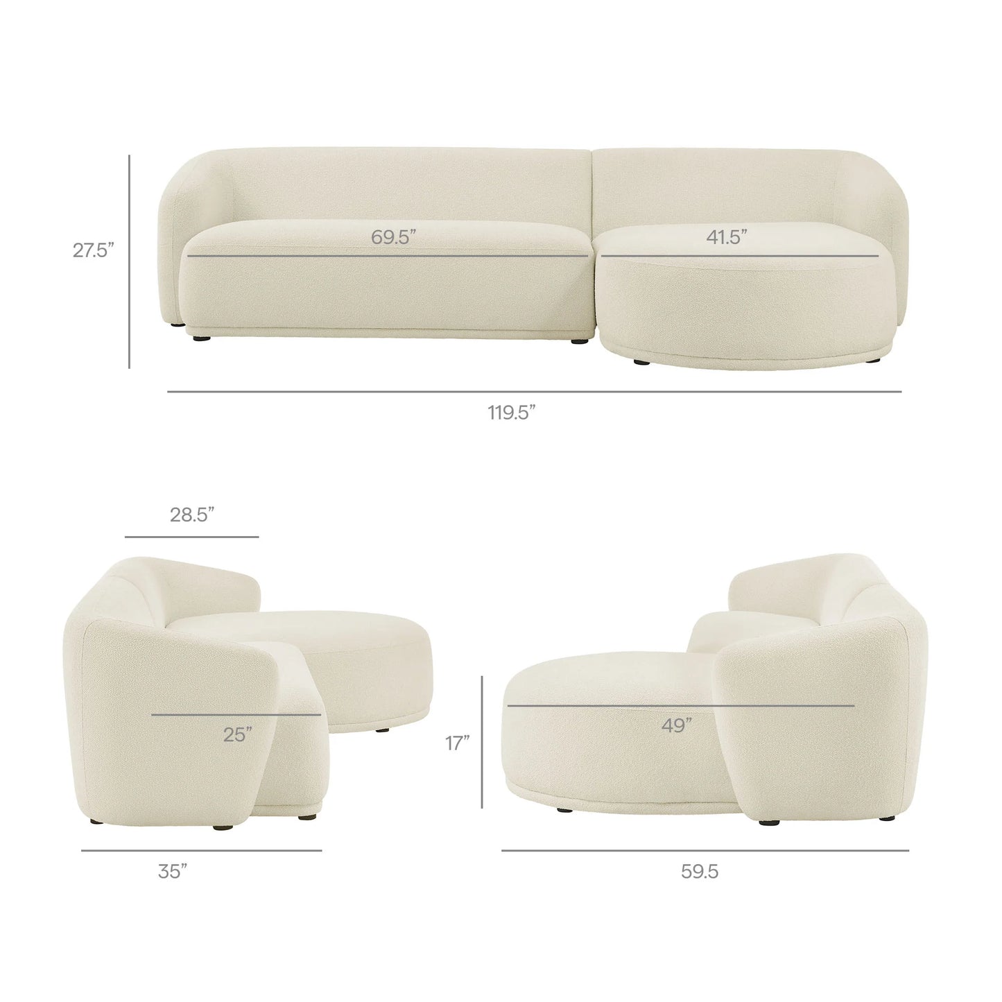 Monica 2 Piece Right Facing Boucle Fabric Modular Sofa with Chaise FREE SHIPPING