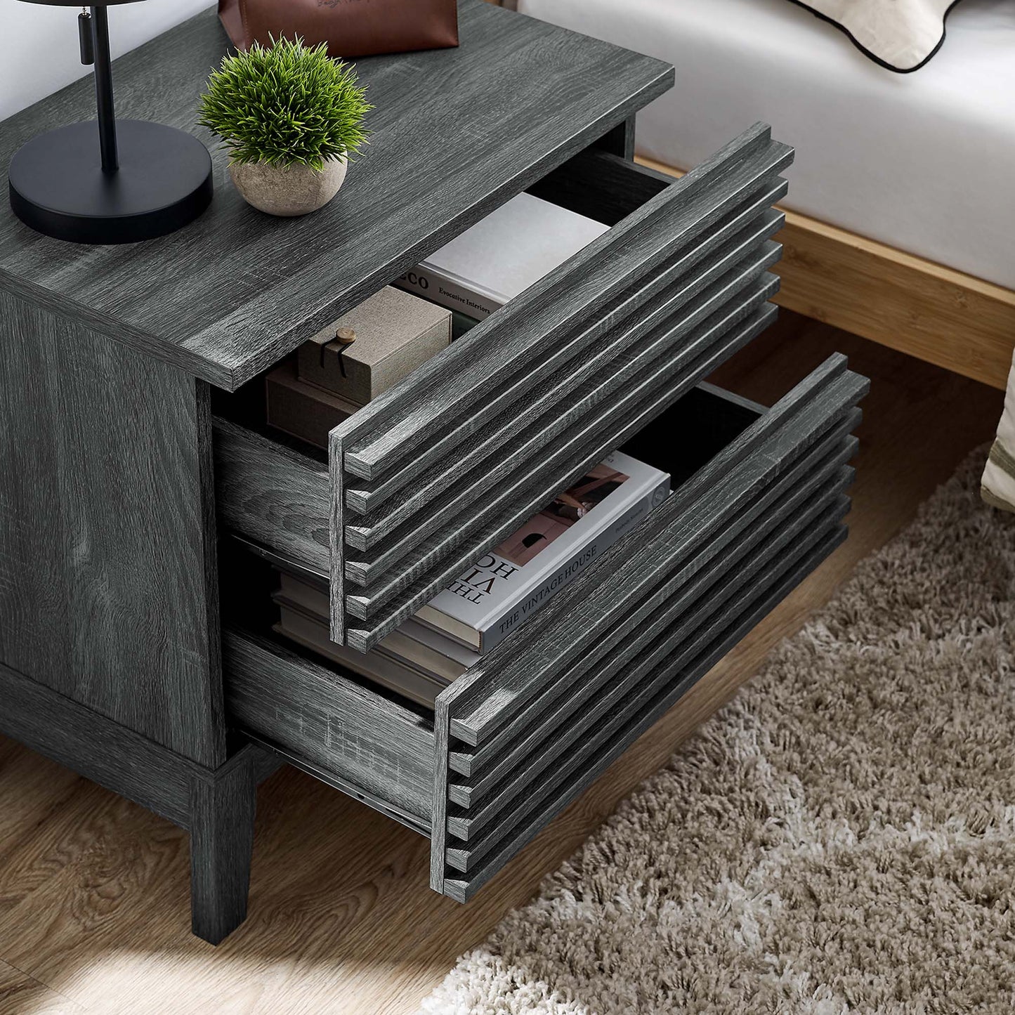 Render Two-Drawer Nightstand in Charcoal FREE SHIPPING.