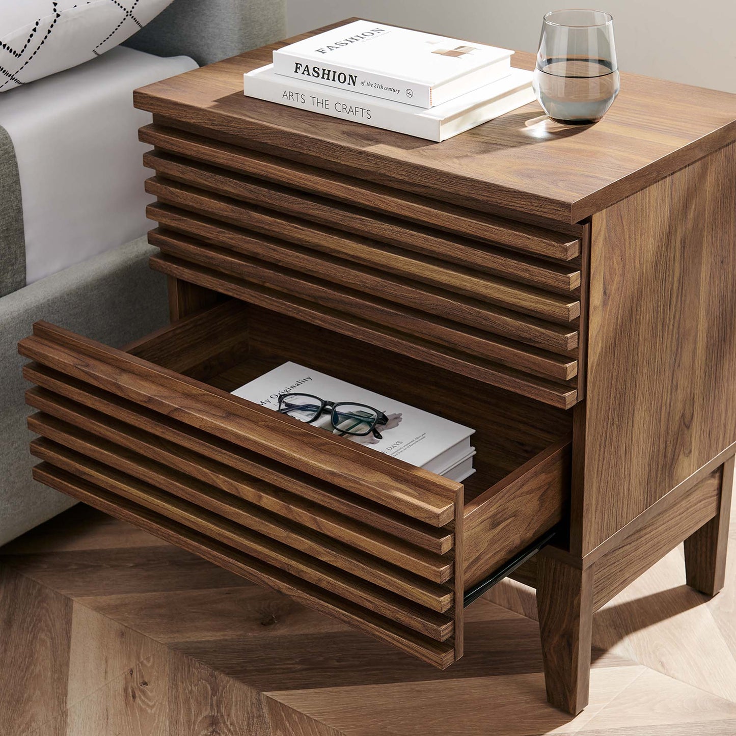 Render Two-Drawer Nightstand in Charcoal FREE SHIPPING.