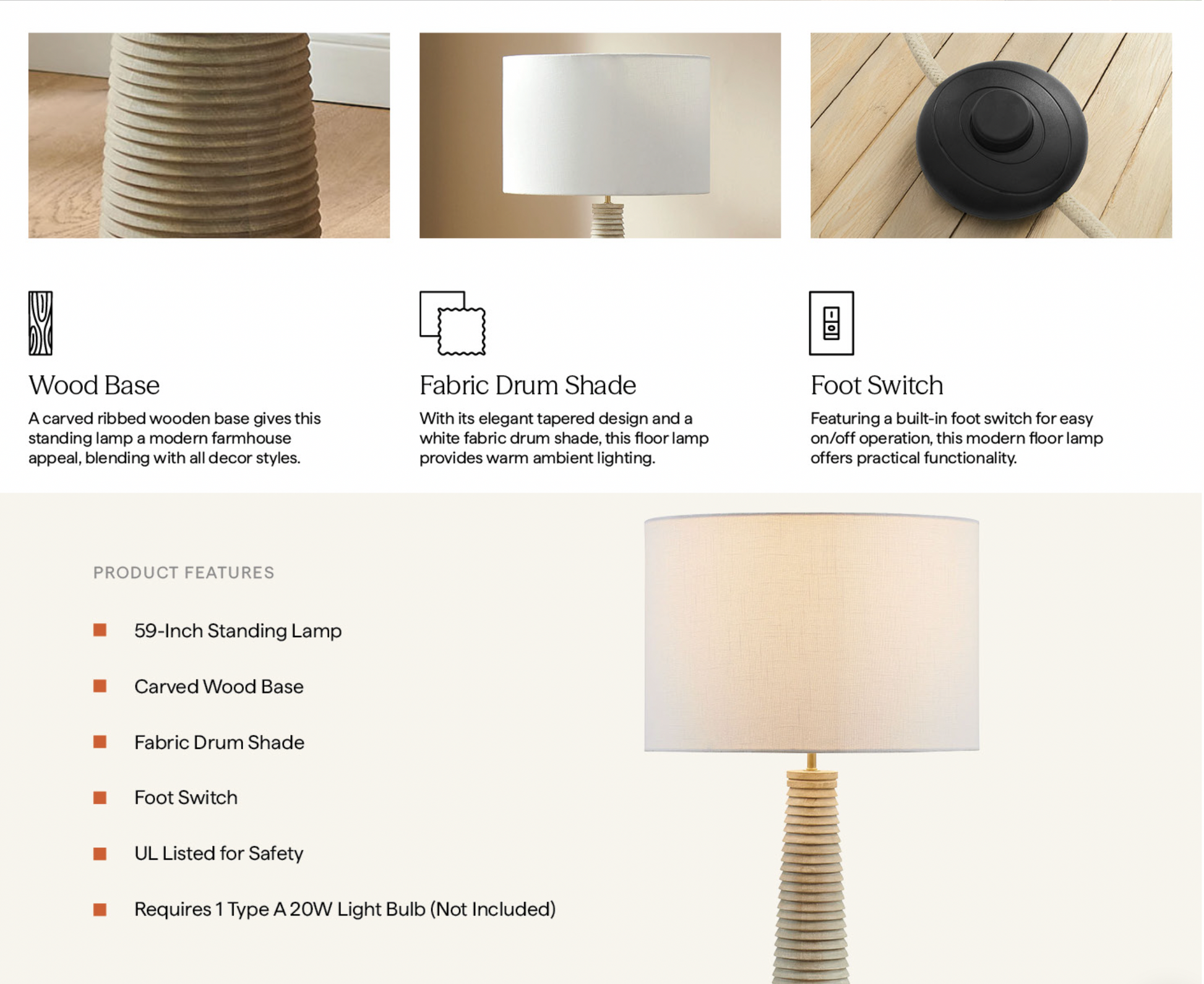 Saylor Carved Ribbed Wood Floor Lamp With Drum Shade in White Gray. - Venini Furniture 