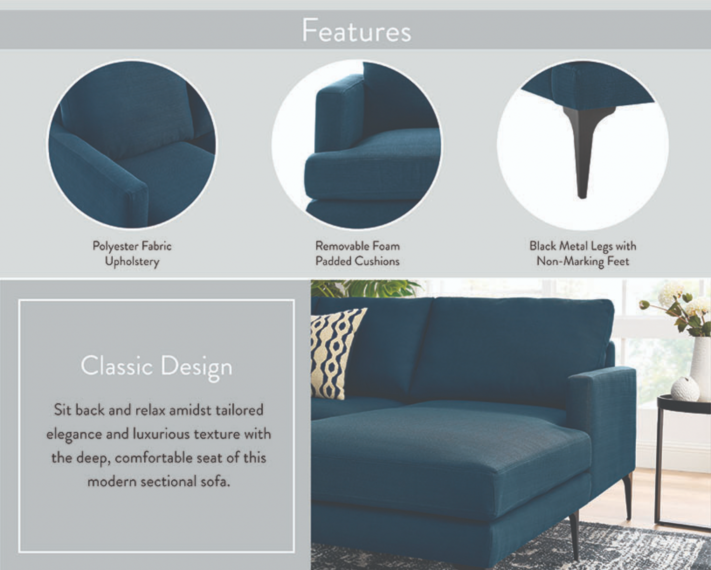 Evermore Right-Facing Upholstered Fabric Sectional Sofa FREE SHIPPING.