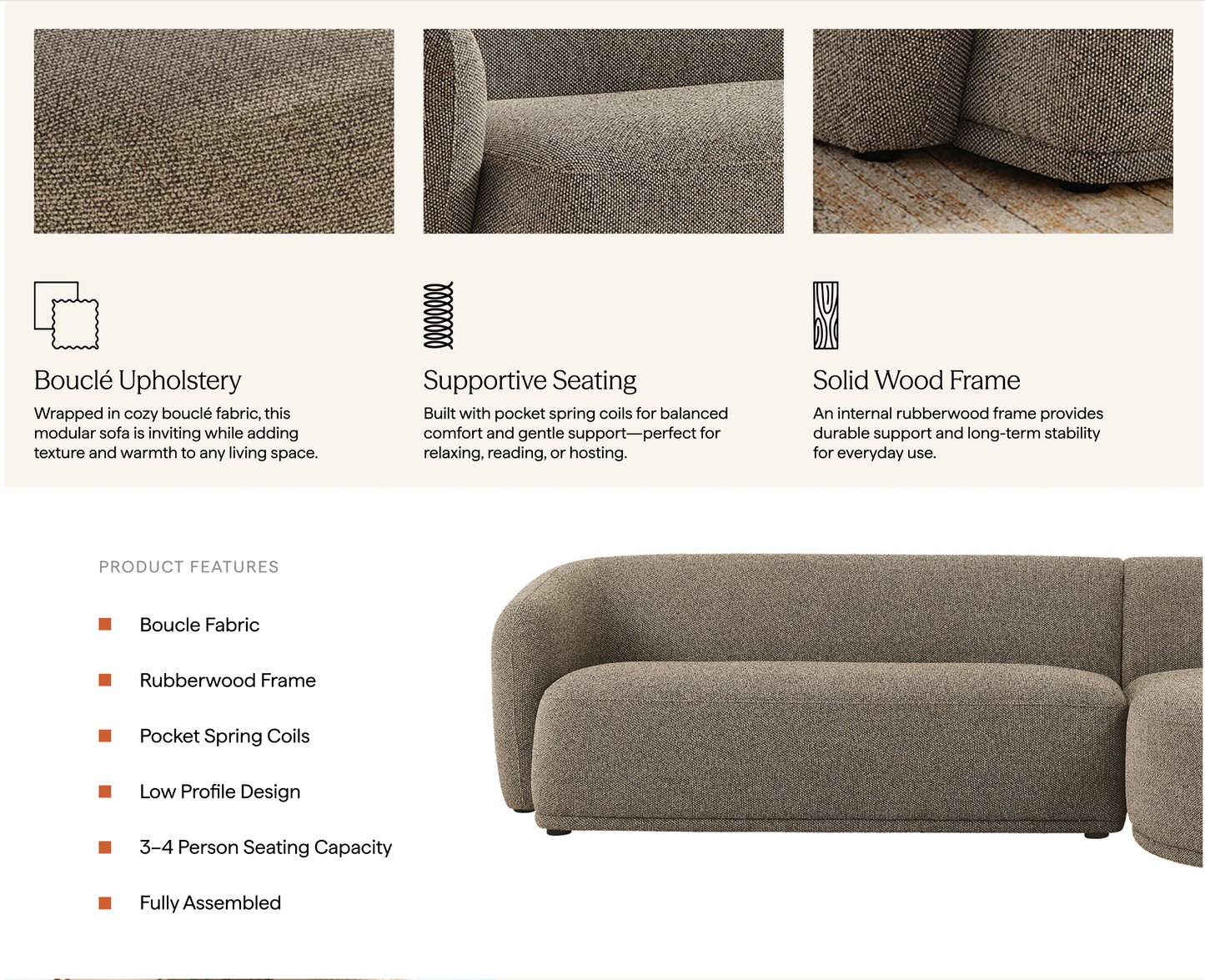 Monica 2 Piece Right Facing Boucle Fabric Modular Sofa with Chaise FREE SHIPPING