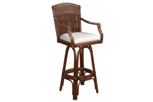 Tahiti Indoor Swivel Bamboo & Rattan Bar Stool in Antique Finish with Cushion