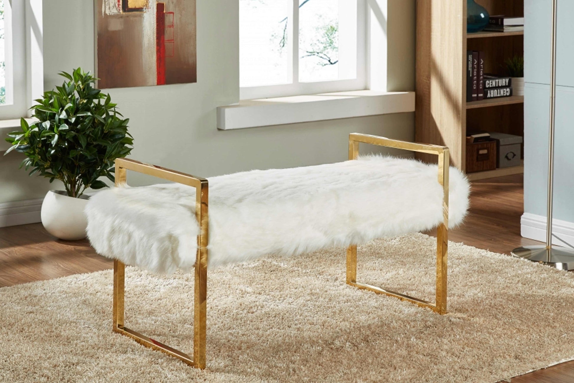 Chloe White Faux Fur Bench SKU: 110Fur - Venini Furniture 