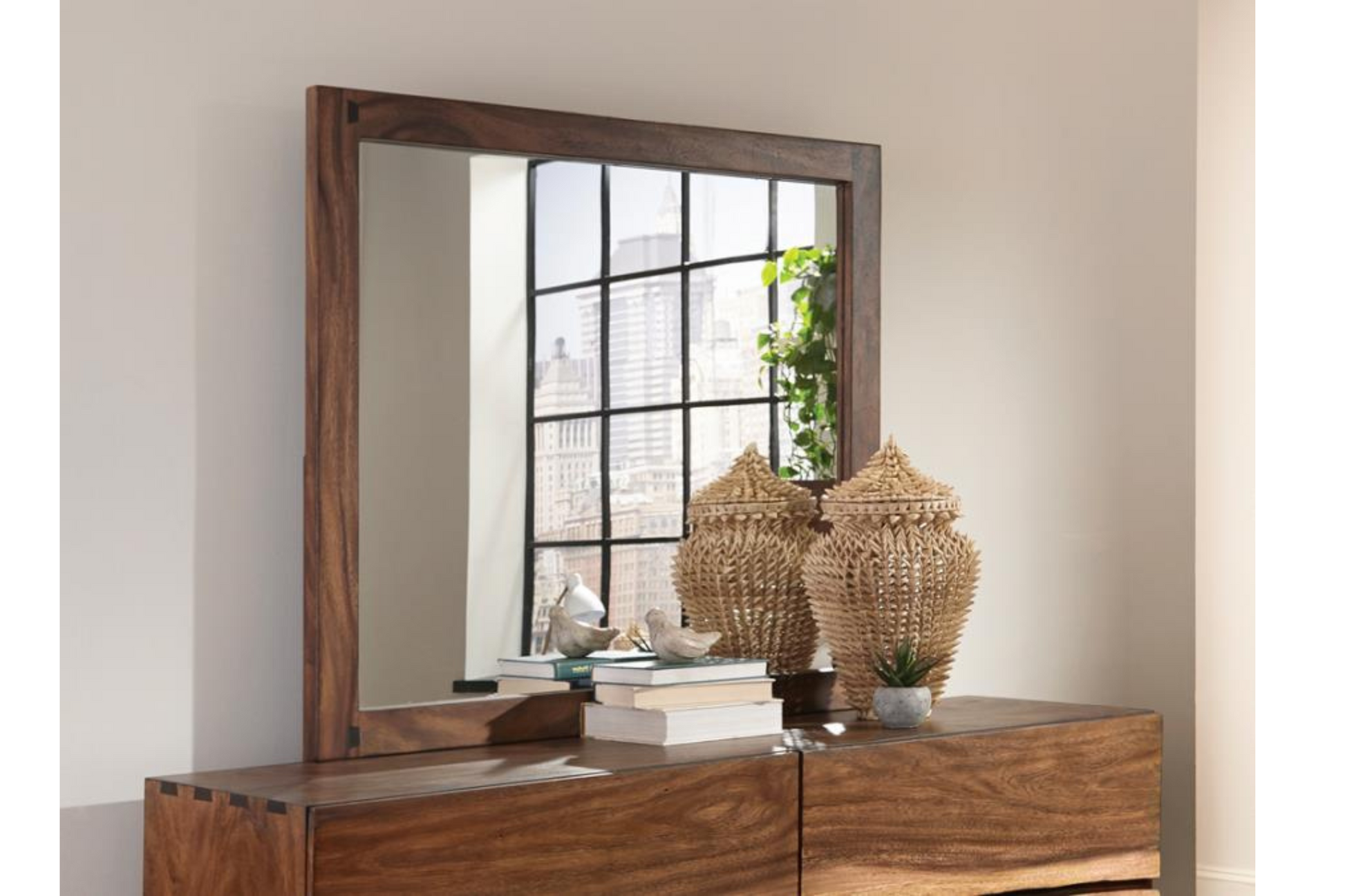 Bedroom mirror with finish of smokey walnut.