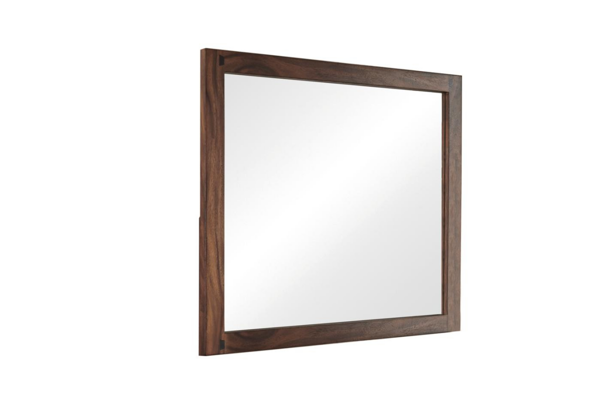 Bedroom mirror with finish of smokey walnut.