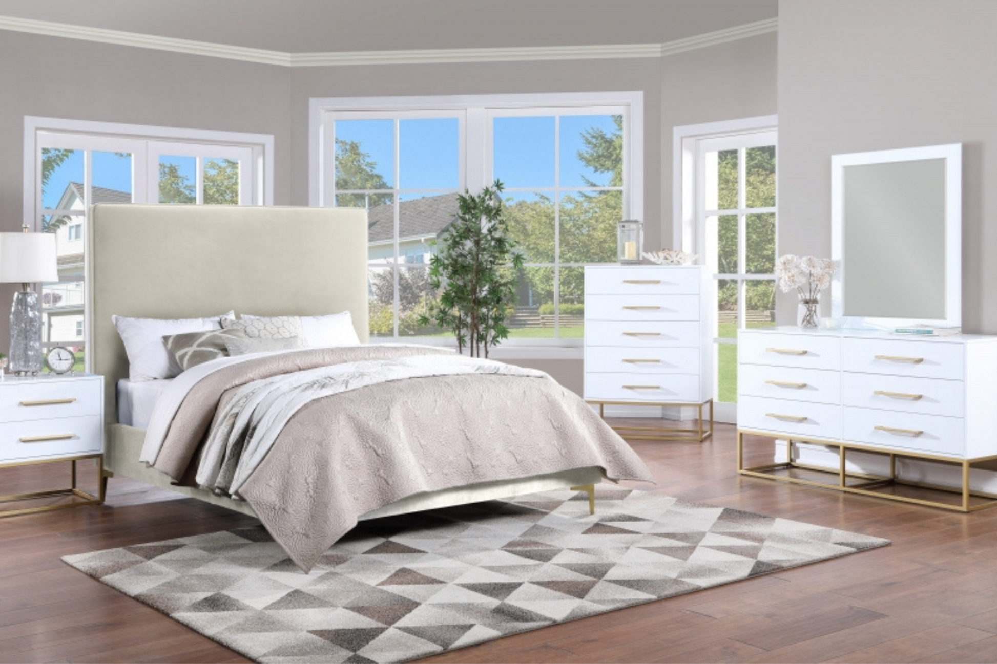 white nightstand with gold finishes