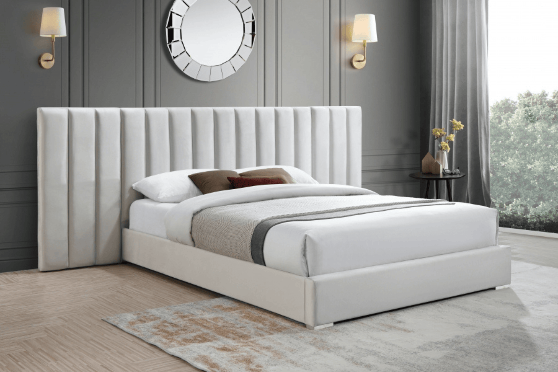 white velvet bed with headboard
