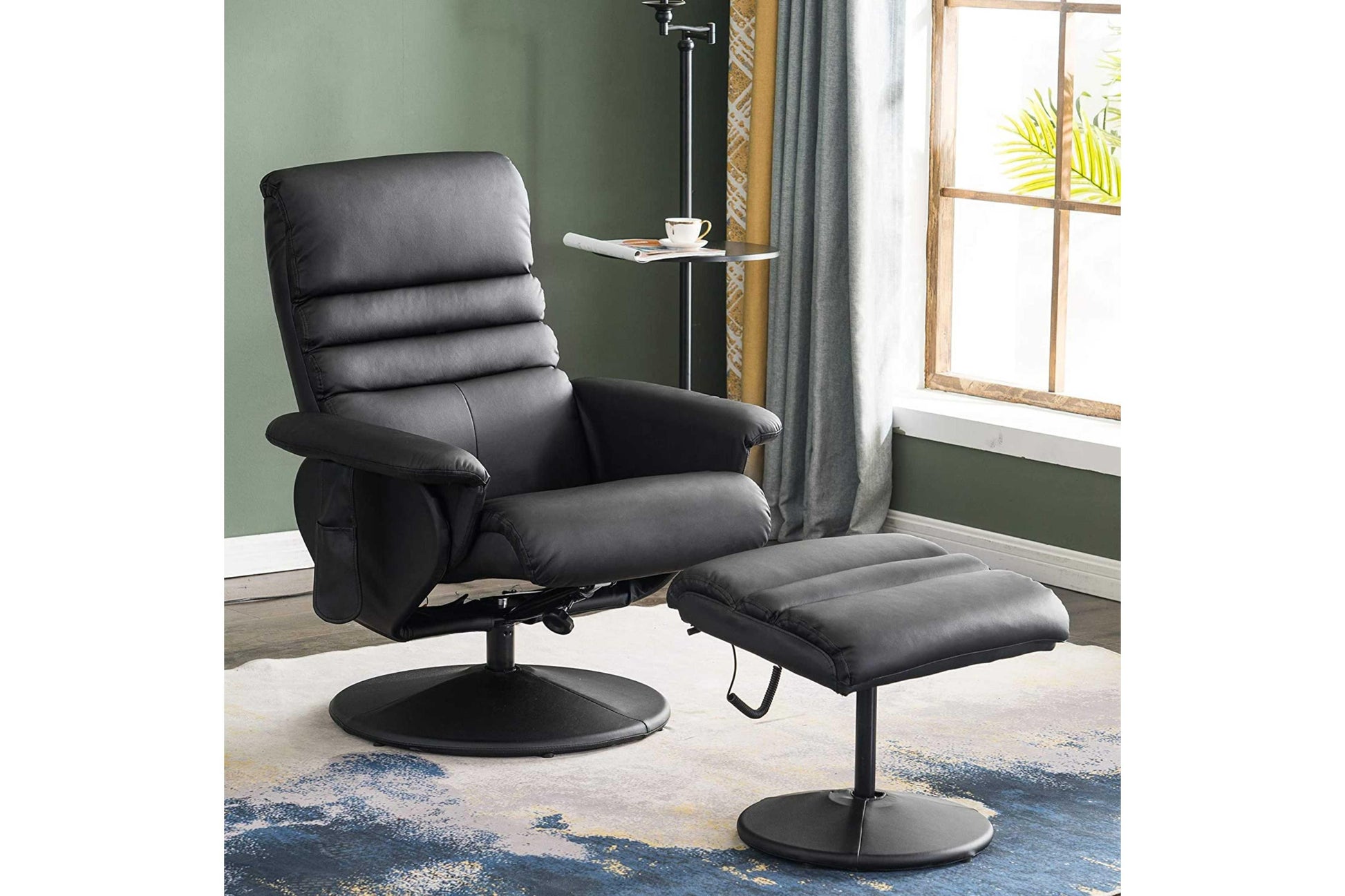 Mcombo Recliner with Ottoman, Reclining Chair with Massage, 360 Swivel Living Room Chair Faux Leather - Venini Furniture 