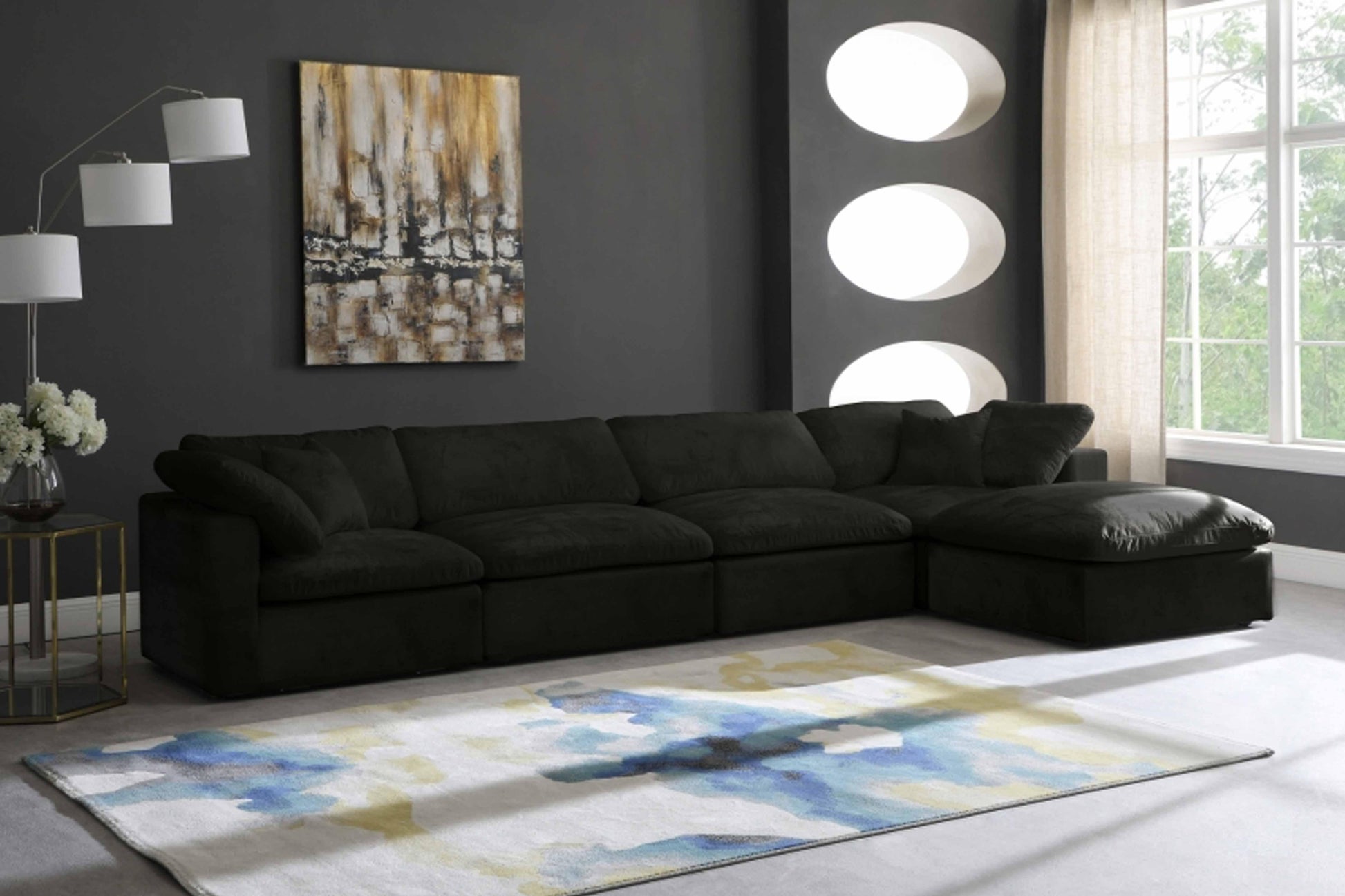 Cozy Velvet Modular Fiber Filled Cloud-Like Comfort Overstuffed Reversible Sectional SKU: 634-Sec5A - Venini Furniture 