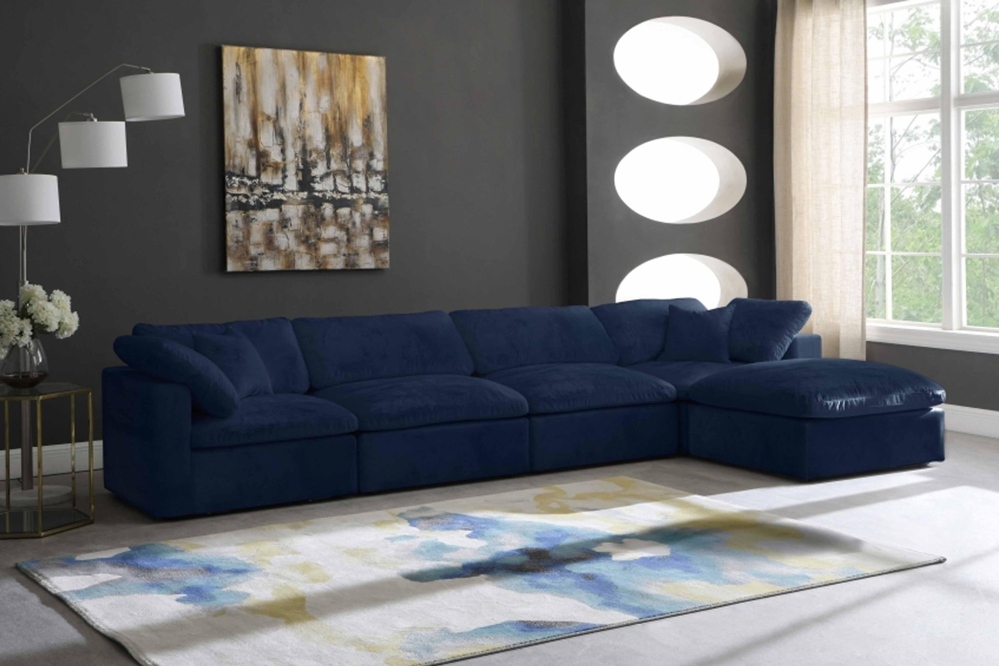 Cozy Velvet Modular Fiber Filled Cloud-Like Comfort Overstuffed Reversible Sectional SKU: 634-Sec5A - Venini Furniture 