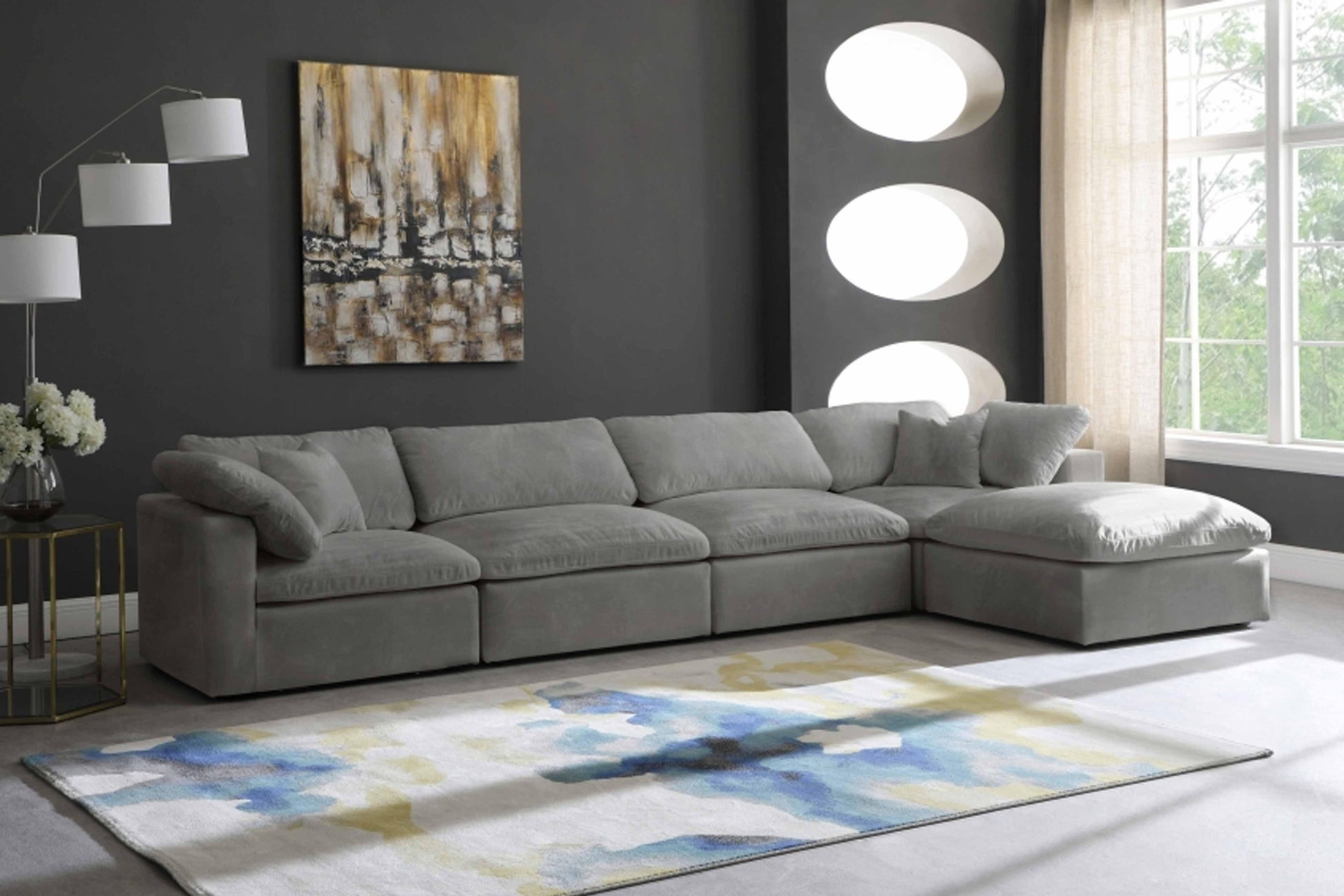 Cozy Velvet Modular Fiber Filled Cloud-Like Comfort Overstuffed Reversible Sectional SKU: 634-Sec5A - Venini Furniture 