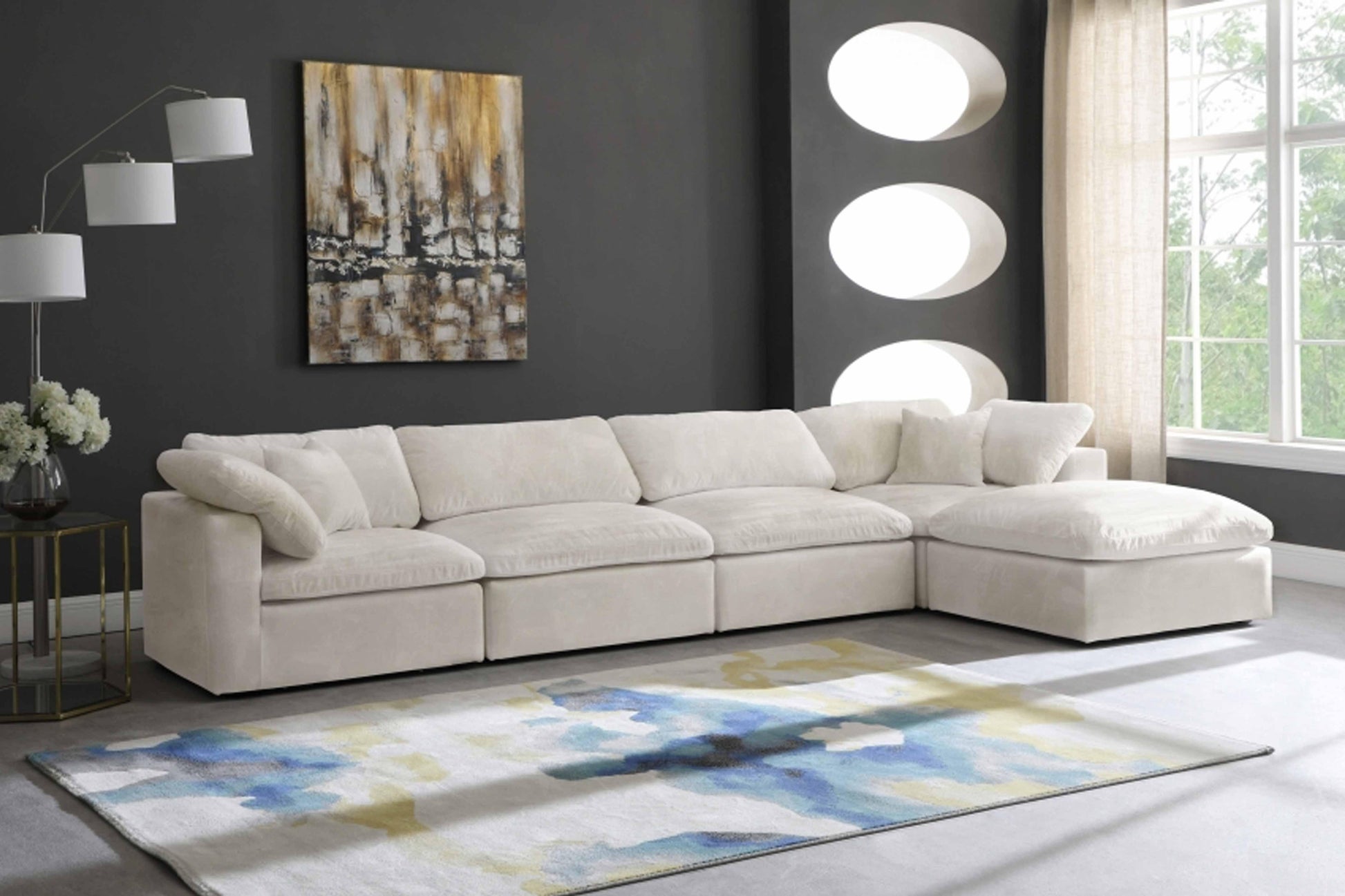 Cozy Velvet Modular Fiber Filled Cloud-Like Comfort Overstuffed Reversible Sectional SKU: 634-Sec5A - Venini Furniture 