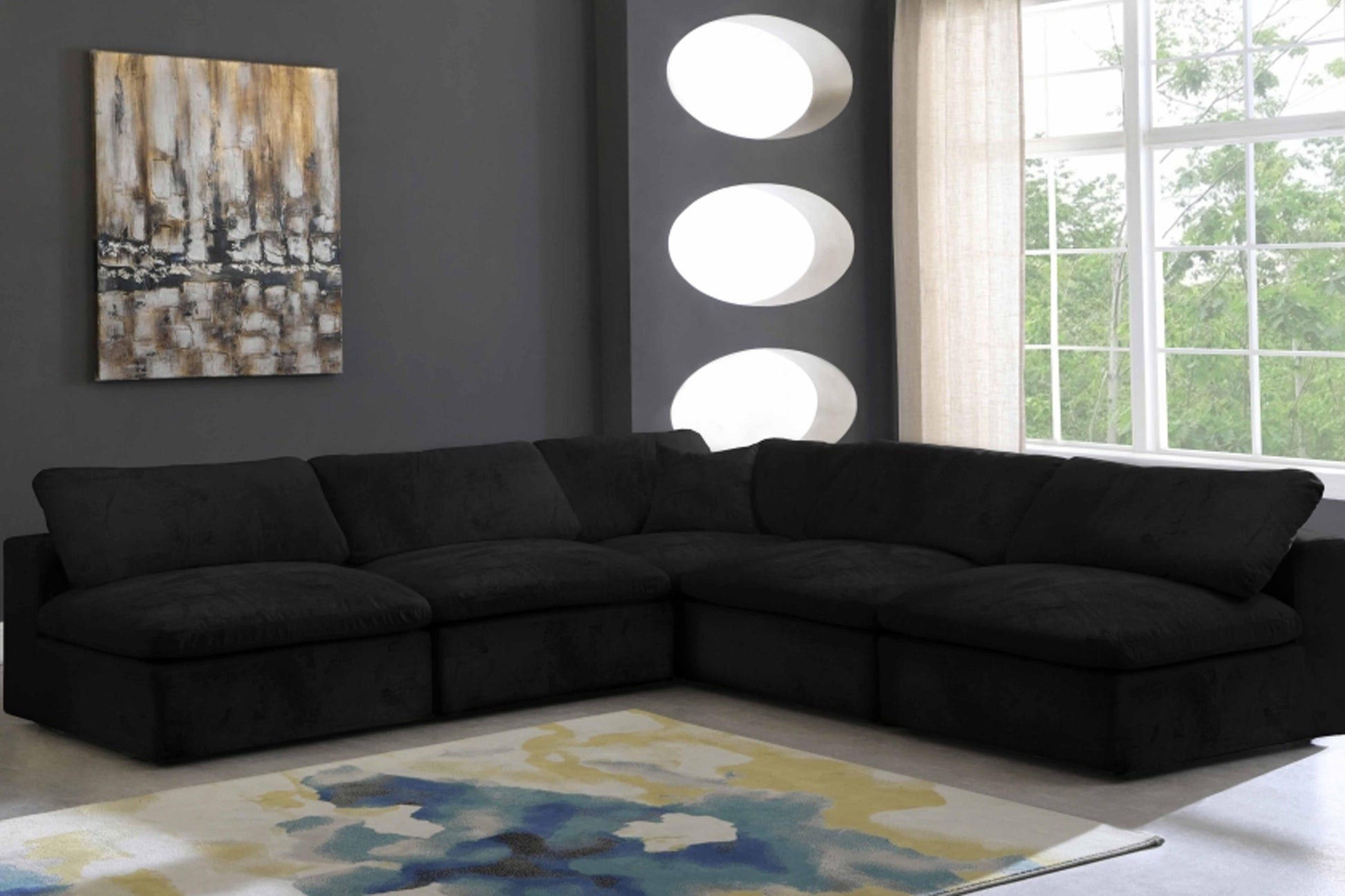 Cozy Velvet Modular Fiber Filled Cloud-Like Comfort Overstuffed Reversible Sectional SKU: 634-Sec5B - Venini Furniture 