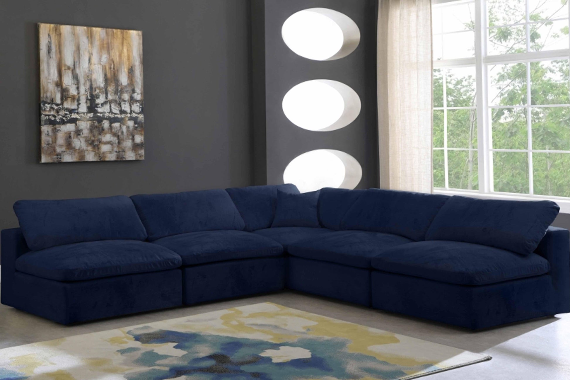 Cozy Velvet Modular Fiber Filled Cloud-Like Comfort Overstuffed Reversible Sectional SKU: 634-Sec5B - Venini Furniture 