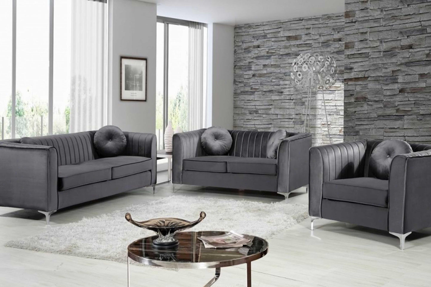 Isabelle Velvet 3 pc Sofa Set SKU: 612-SET - Venini Furniture 