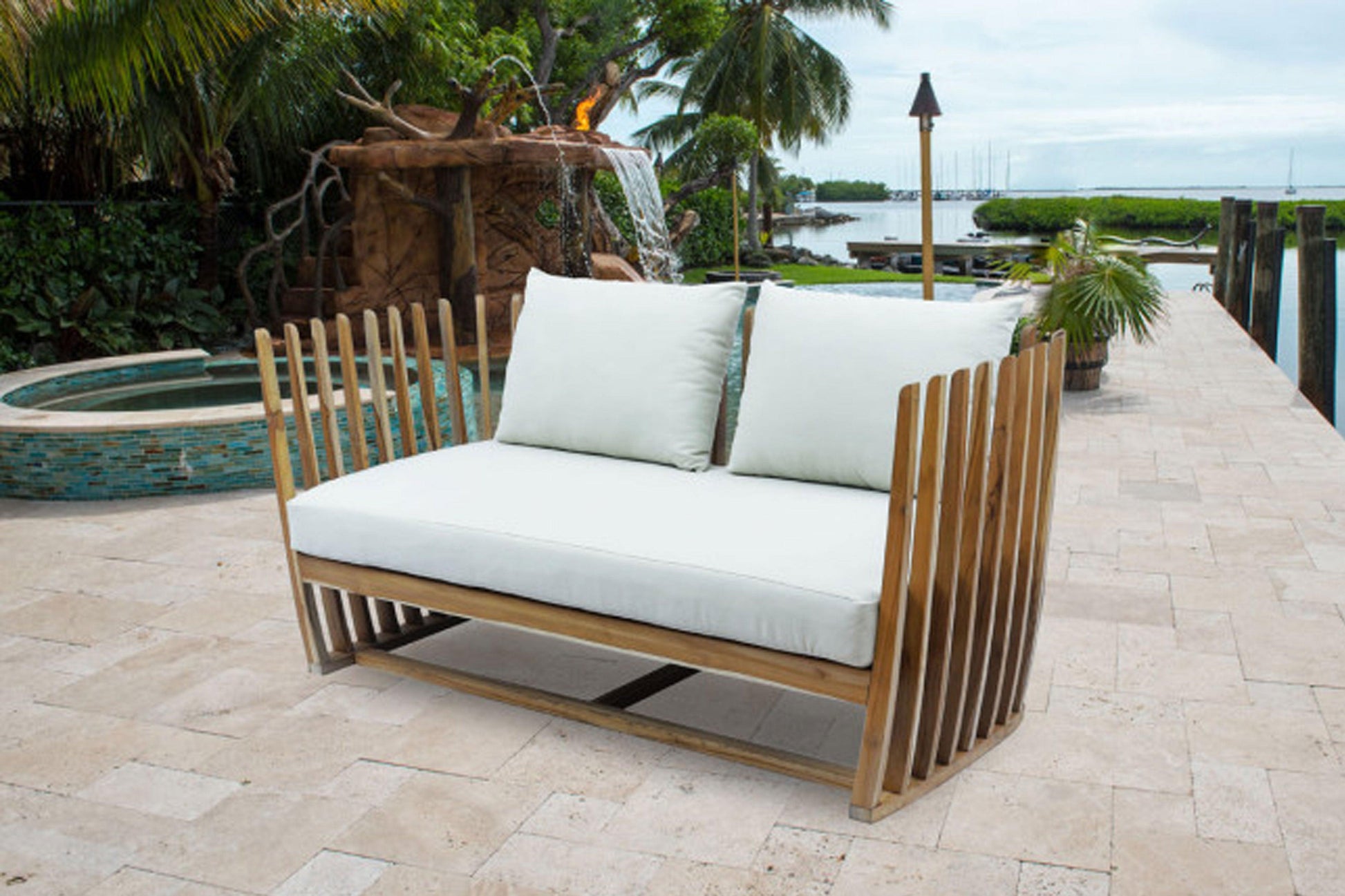 Throne Teak Sofa w/off-white cushions - Venini Furniture 