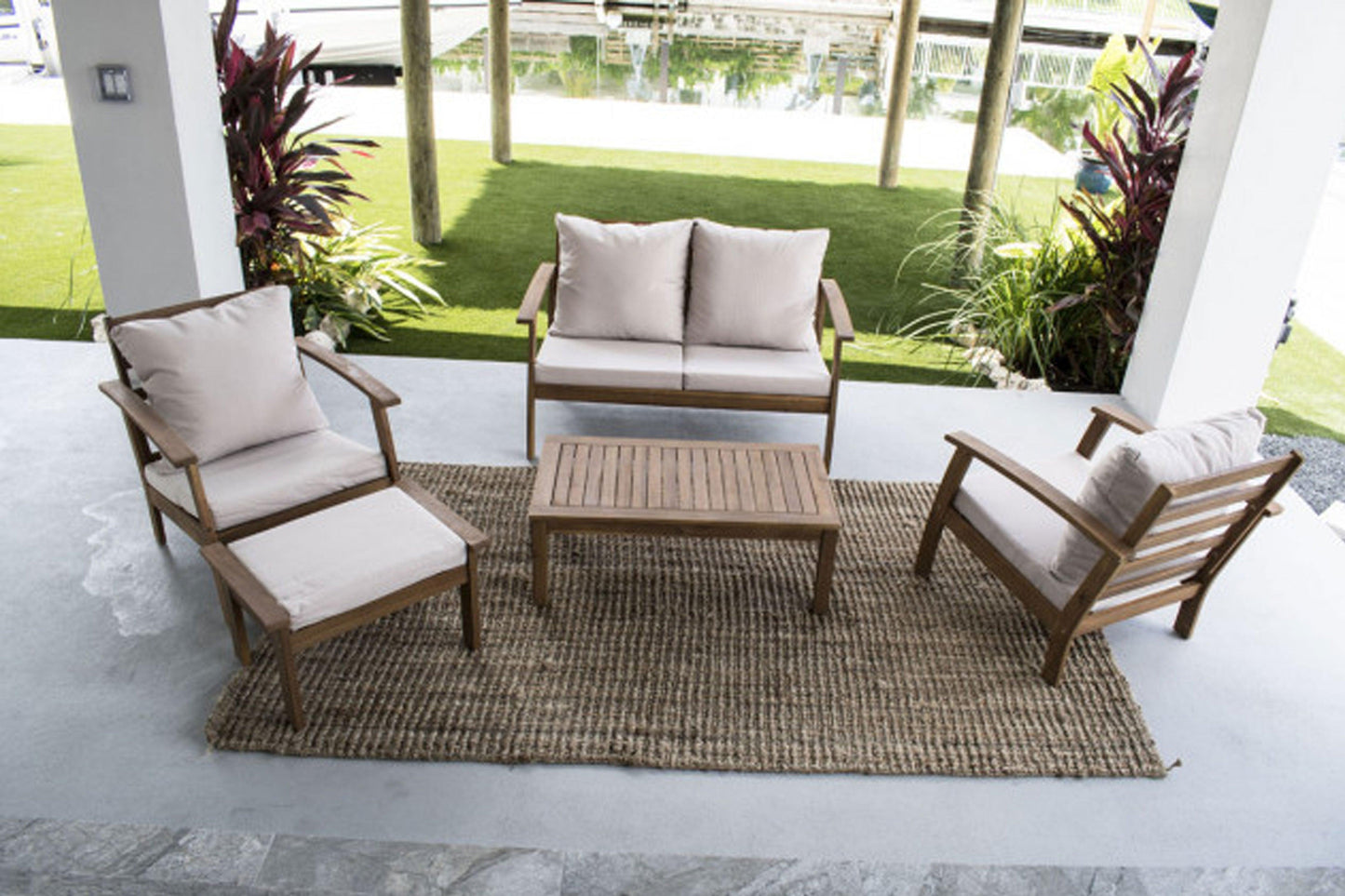 Sunset Cay 5 PC Settee w/beige cushions SKU: 819-1268-NAT - Venini Furniture 