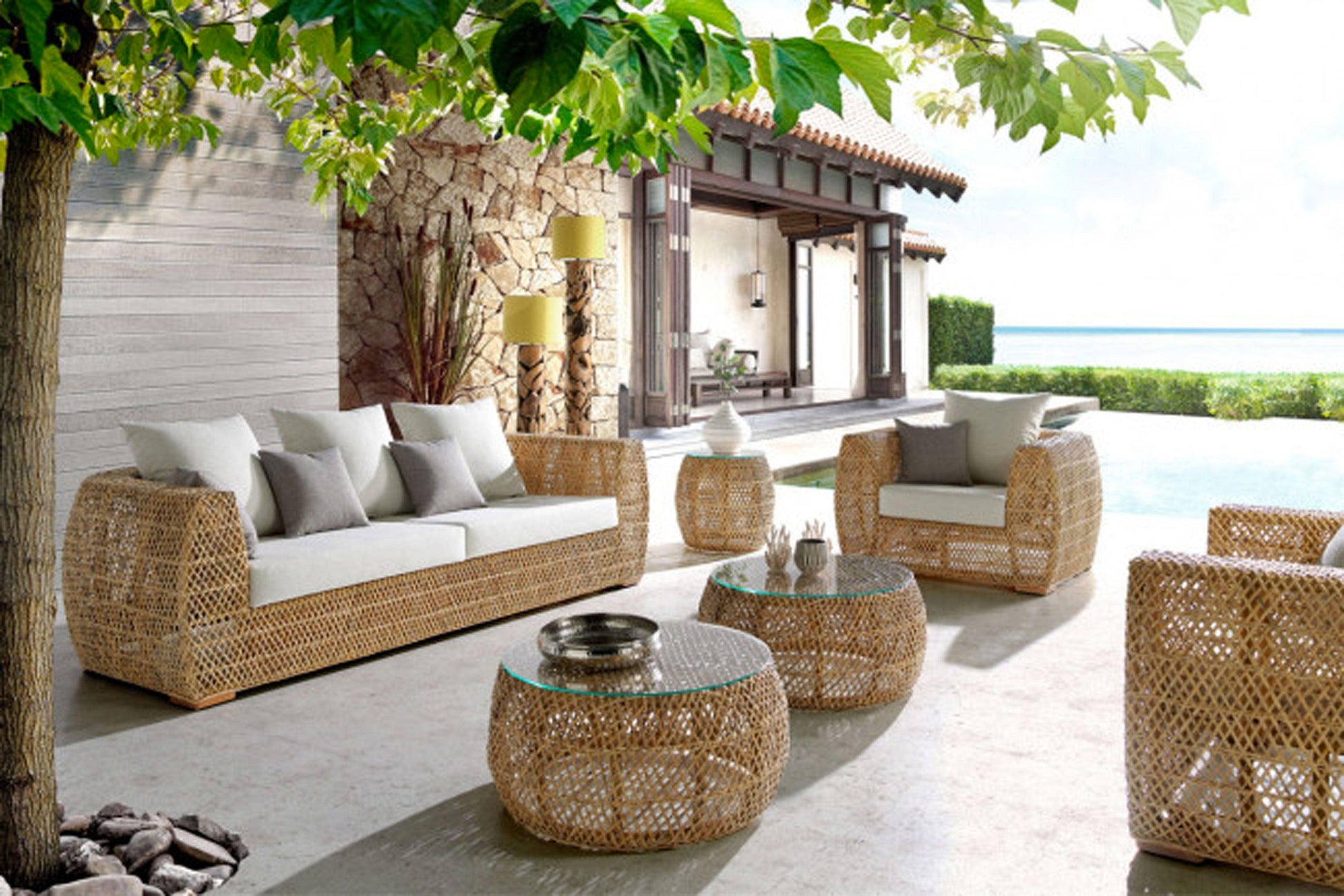 Sumatra 4 PC Seating Set Wicker w/beige cushions - Venini Furniture 