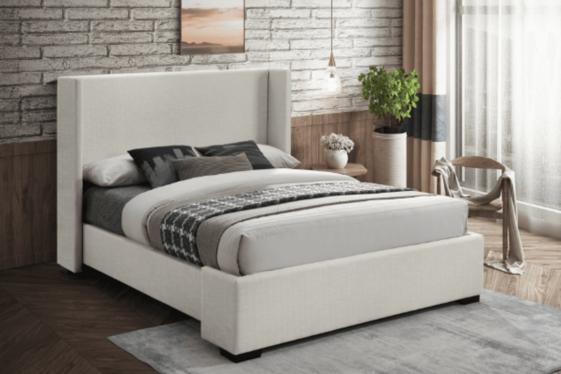 Linen bed with headboard
