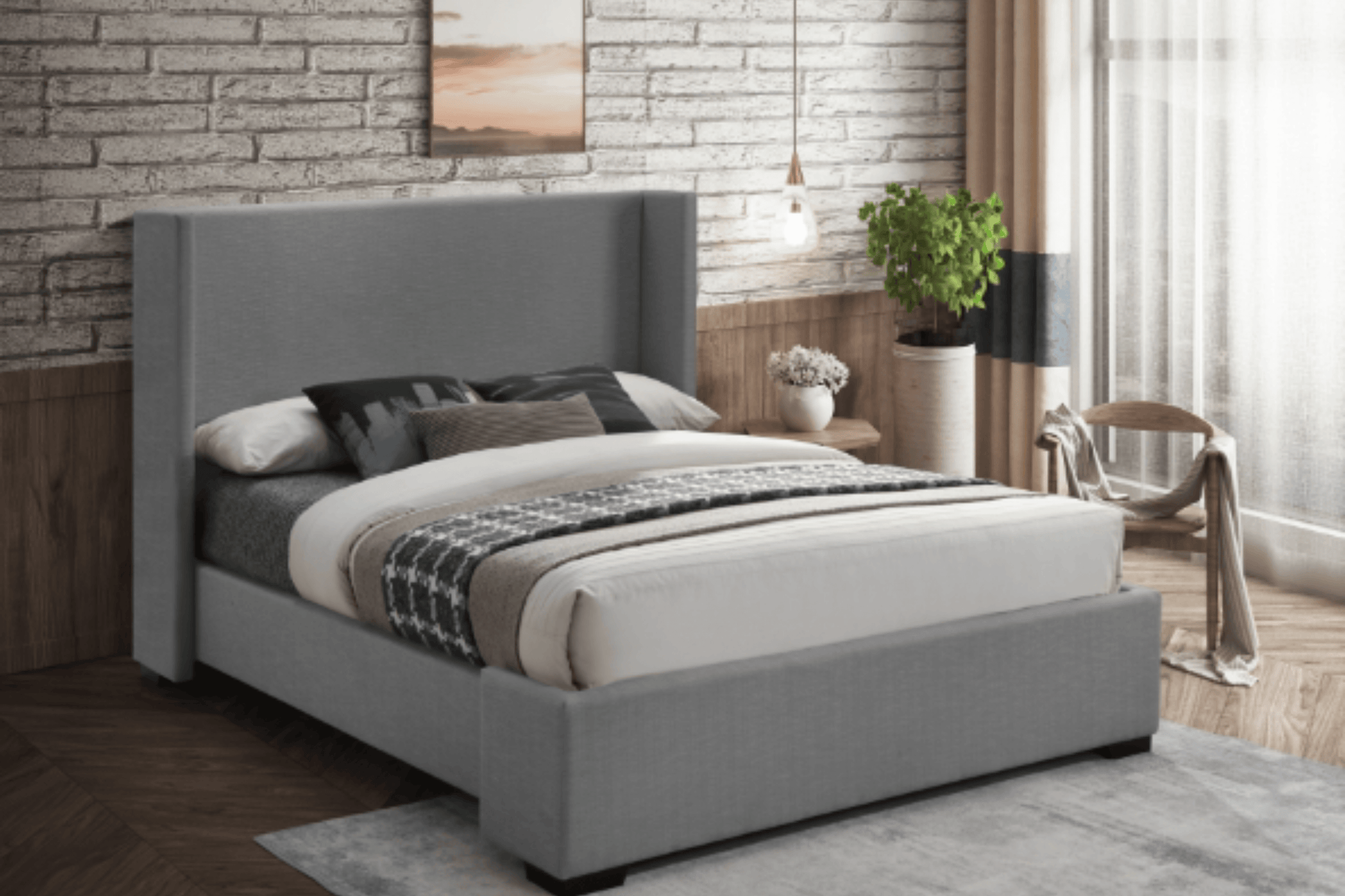Linen bed with headboard