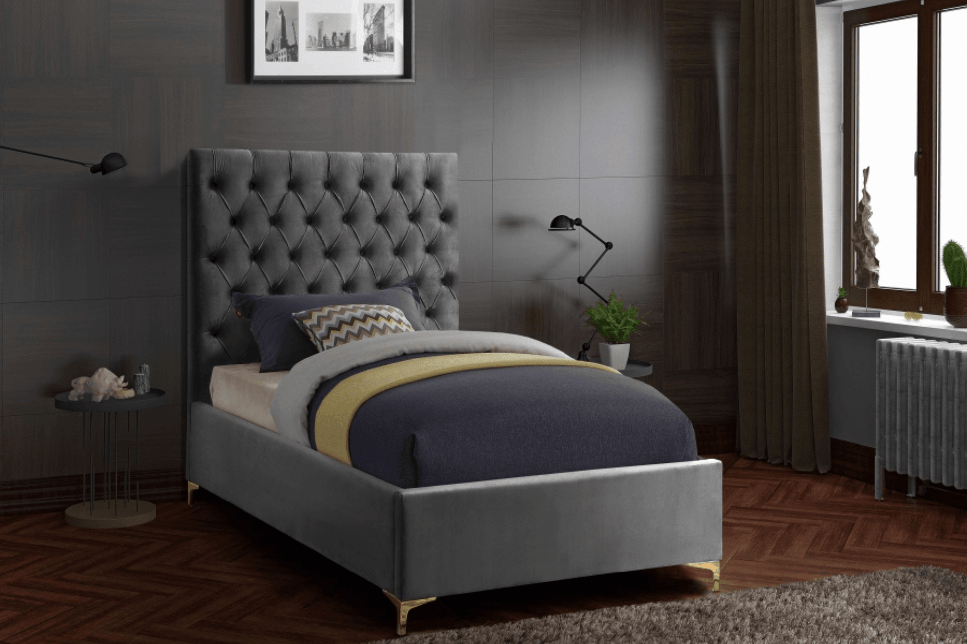 velvet bed with headboard