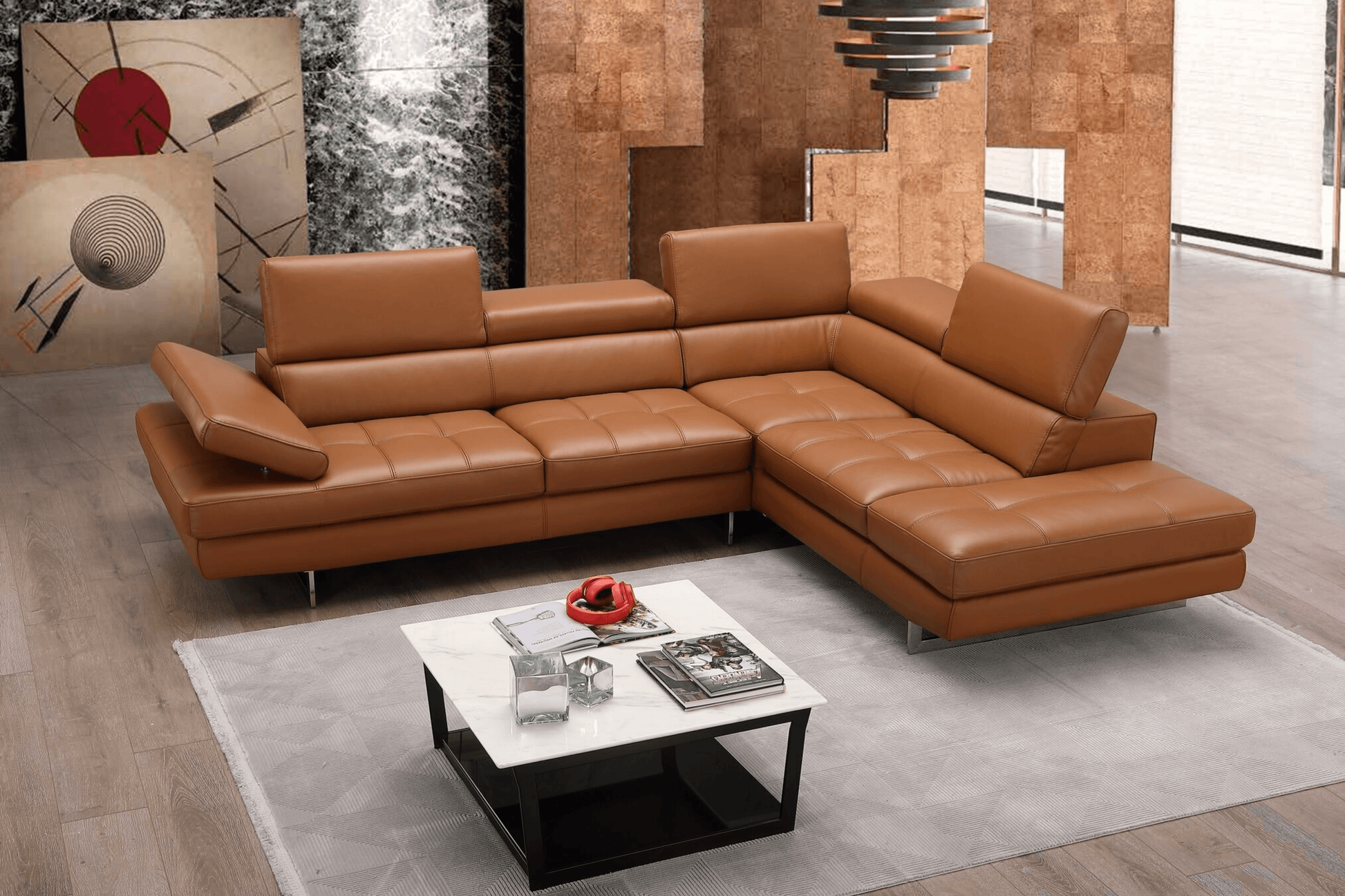 A761 Italian Leather Sectional in Caramel - Venini Furniture 