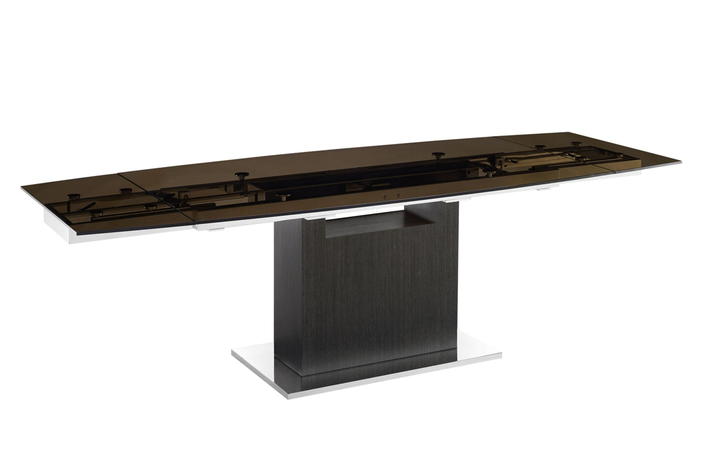 Olivia motorized dining table with dark gray oak base. - Venini Furniture 