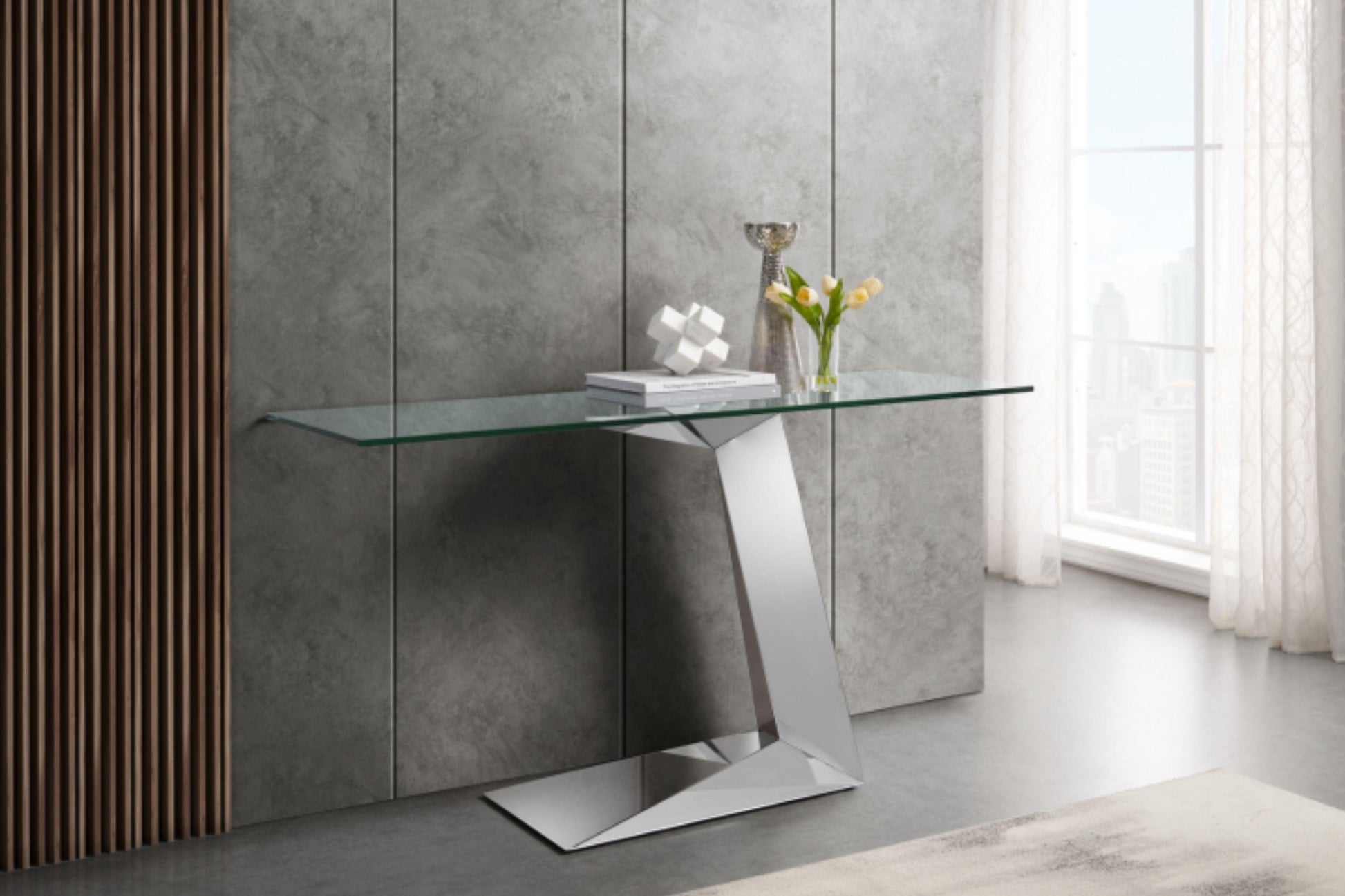 console table in clear bent glass