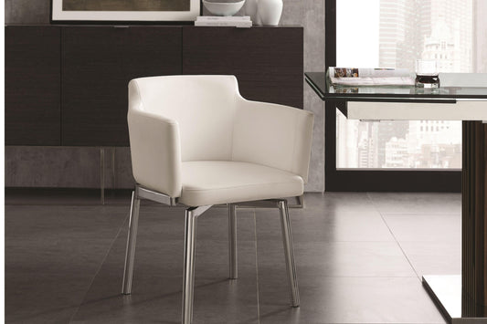 arm dining chair in white pu with swivel polished stainless steel