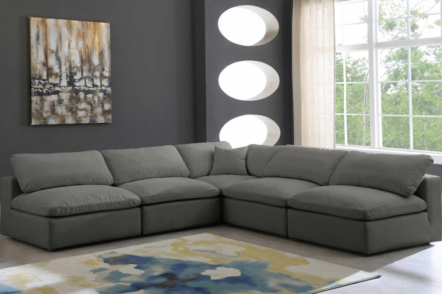 Serene Linen Deluxe Modular Down Filled Cloud-Like Comfort Overstuffed Sectional SKU: 601-Sec5B - Venini Furniture 